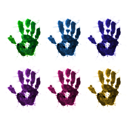the imprint of a human hand with paints of different colorsの写真素材