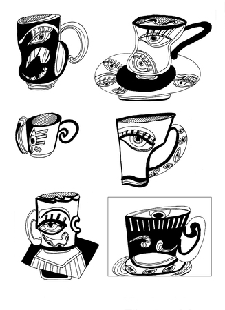 design mugs for tea. Creative abstraction. Template for the design project, in black ink on a white background.の写真素材