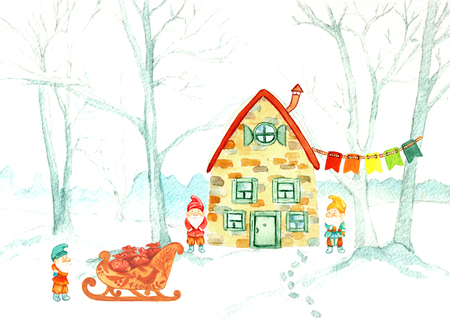 fairy forest with gnomes and the house. Watercolor Christmas illustrationの写真素材