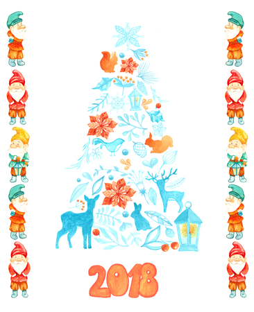 watercolor Christmas card with Christmas tree and gnomes. Postcard template for designer. Deer, squirrel, rabbit, bird, branch, berries, lanternの写真素材