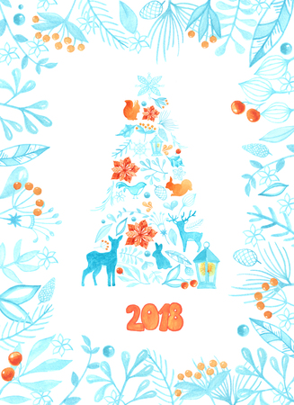 watercolor Christmas card with Christmas tree and floral frame in blue tones. Card template for designerの写真素材