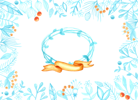 frame for congratulations with New year and Christmas in blue tones. Template for design greeting cards, banner, poster, websiteの写真素材
