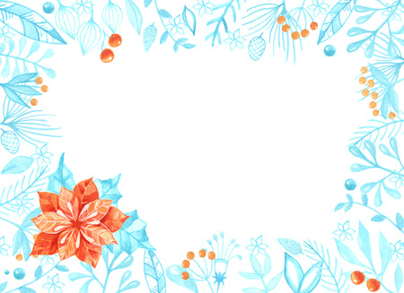 watercolor Christmas banner with red flower and floral frame in blue tones. Card template for designerの写真素材