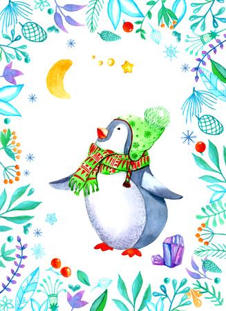 Christmas clip art of watercolor. The penguin in the header. Month, stars, snowflakes, pine branches, pinecone. Pattern for Christmas designの写真素材