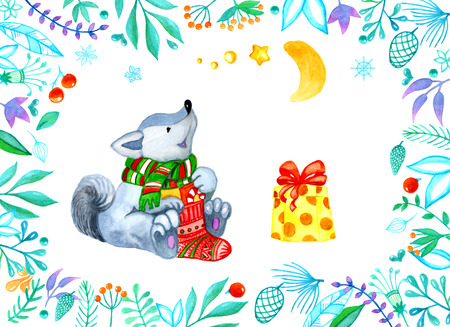 Christmas pictures with watercolors. Symbol of the year of the dog in scarf with gifts. Month, stars, floral elements in turquoise-lilac tonesの写真素材