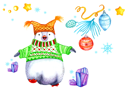 Christmas pictures with watercolors. The penguin in the hat, ice, pine branch and pine cone, Christmas decorations.の写真素材