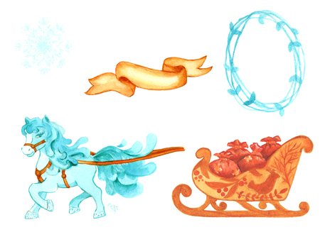 fairytale horse and carriage with Christmas gifts and frame of twigs. Watercolor painting in blue tonesの写真素材