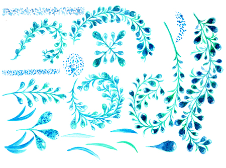 Watercolor floral set.Colorful blue and green floral collection with leaves and flowers,drawing watercolor. Set of floral elements for compositions.の写真素材