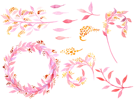 Watercolor floral set.Colorful pink and ohra floral collection with leaves and flowers,drawing watercolor. Set of floral elements for compositions.の写真素材