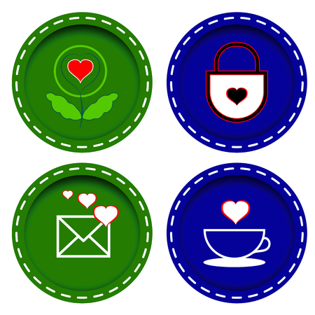 icons with abstract hearts, envelope, flower and Cup of green and blue on a white backgroundの写真素材