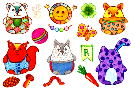 illustration of cute animals. Freehand drawing Doodle cute white bear, the sun, owl, squirrel, wolf and rabbit. the icons set.の写真素材