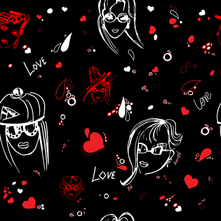 Girls with different hairstyles, hats, glasses and portraits. Seamless pattern, sketch, freehand drawing. The template for the designer, for printing on paper and fabricの写真素材