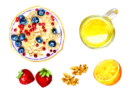 Healthy food. Fresh food, vegetables, fruits. Drawing by hand with watercolors. The template for the designerの写真素材