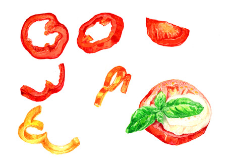 Healthy food. Fresh food, vegetables, fruits. Drawing by hand with watercolors. The template for the designerの写真素材