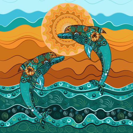 Dolphin in the sea in the sun. Decorative kompozicijam turquoise earth tones. The template for the designer, create a logo or illustration. For printing on paper and fabric.の写真素材