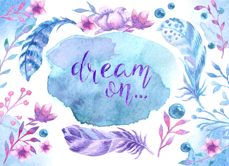 Design with the words dream, feathers birds, flowers and leaves.  illustration for poster, postcard, fabric print and design projectの写真素材