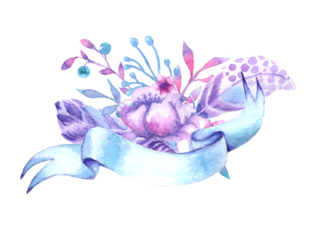 vignettes with flowers and feathers. Design for invitations, postcards, website, poster, bannerの写真素材