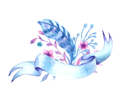 vignettes with flowers and feathers. Design for invitations, postcards, website, poster, bannerの写真素材