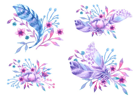 vignettes with flowers and feathers. Design for invitations, postcards, website, poster, bannerの写真素材