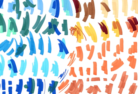 background of blue and orange spots and streaks. Freehand drawing with markers. For the work of designer clearance fabrics and printing on paper. Colorful, positive, creativeの写真素材