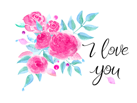 Postcard with roses and the inscription thank you. Watercolor illustration in shades of pink. Basis for invitationの写真素材