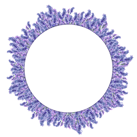 Watercolor flowers of lavender. Round frame for writing.Purple foil. The basis for the design of the banner, invitation.の写真素材