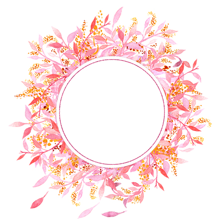 Round frame with watercolor pink and Golden leaves and flowers. The basis for the design of postcards, banners, posters, invitations.の写真素材