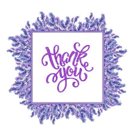 Watercolor flowers of lavender. Square frame with the inscription thank you, lettering. Purple foil. The basis for the design of the banner, invitation.の写真素材