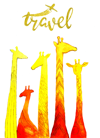 giraffes, watercolor illustration. Hand drawingの写真素材