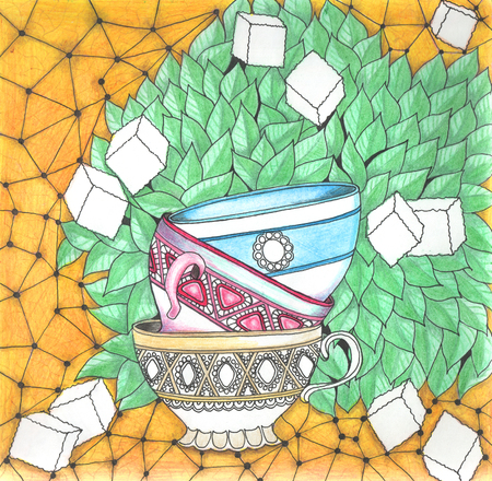 decorative tea cups, tea and sugarの写真素材