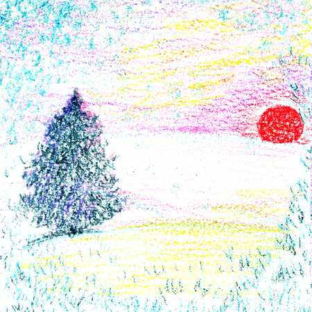 winter landscape at sunrise with colored pencilsの写真素材