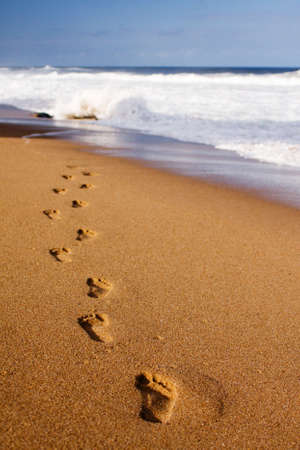 Footprints on the beach sand, leading away from the viewer into the seaの写真素材
