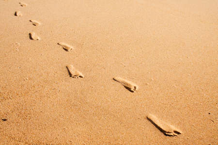 A row of foot prints on the beach sand leading towards the viewerの写真素材
