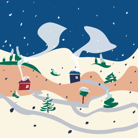 Winter snow hills house street nature landscape vector illustration. Flat, simple, cartoon.のイラスト素材