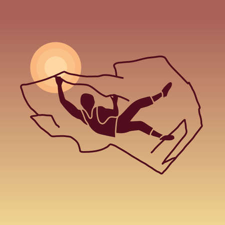 Silhouette of a climber. Rock climbing badge. Men doing extreme sport, adrenaline activity of strong men. Climber without a rope.のイラスト素材