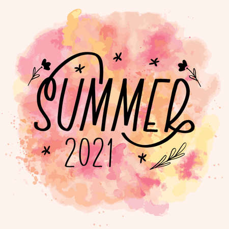 Summer 2021 lettering calligraphy card. Vector greeting illustration. Black text with elements on watercolor background. EPS 10のイラスト素材