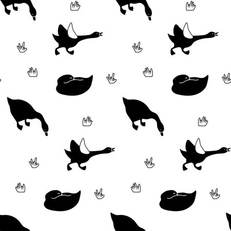 Goose seamless pattern in black and white. Isolated monochrome waterfowl domestic or wild bird ornament textile print. EPS 10のイラスト素材