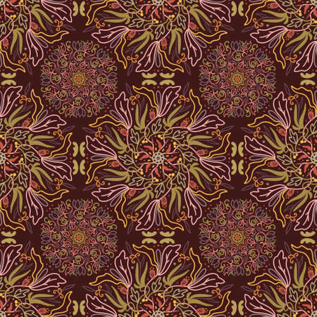 Dark brown mandala seamless pattern pattern in boho style. Ethnic background fabric and textile printの写真素材