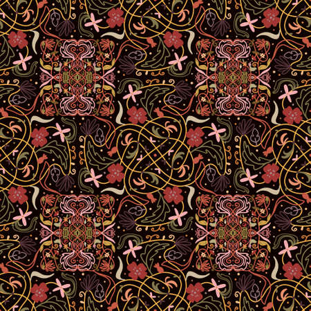 Dark bright mandala seamless pattern with leaves and flowers. Ethnic background fabric and textile printの写真素材