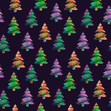 Amazing Colorful Christmas fir trees pattern with dark background. For textile and wrapping