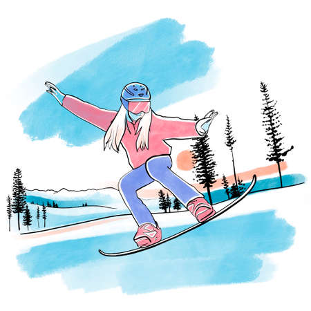 Snowboard girl in sportswear jumping on the slopes cartoon illustration. extreme sportsの写真素材