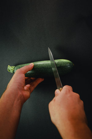 Two hands cutting a cucumber with a long knife