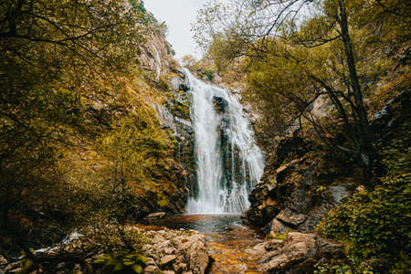 An horizontal shot of a massive waterfall in the middle of the forestの写真素材