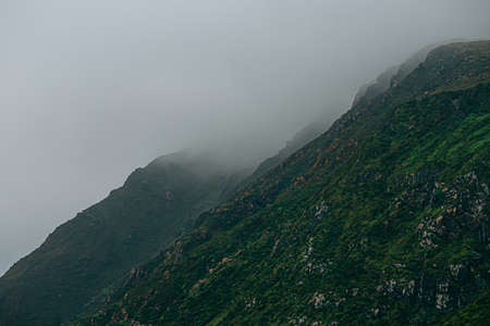 A close up of a giant green mountain surrounded by the mist in europe with copy spaceの写真素材