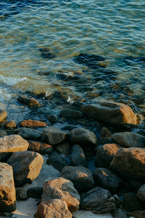 A close up of the sea and the rocks in the coast of the beach during summer