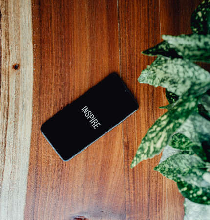 A flat lay of a black phone over a wood background and some leaves near it with the word inspire written in itの写真素材