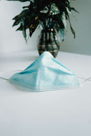 A surgical mask over a white with a plant backgroundの写真素材