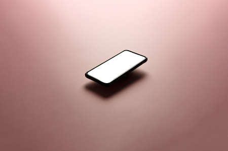 A minimalistic mock up flat image design with a floating mobile phone with copy space and white scree to write over it over a flat pastel pink backgroundの写真素材