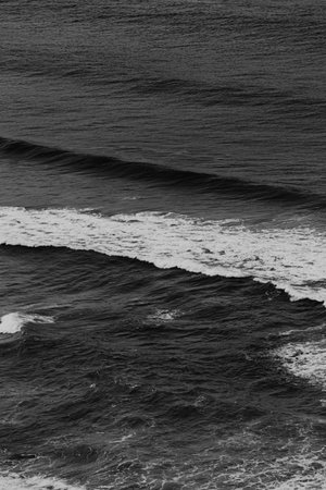 Aerial view of the ocean with the waves and re rocks during a bright day, relaxing scene in black...