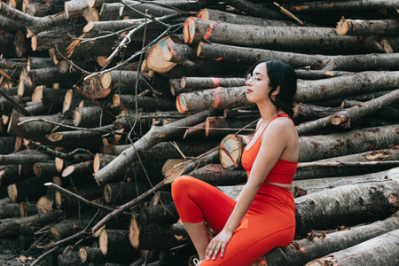 Young woman in fitness clothes relaxing while sitting in a pile of trunksの写真素材